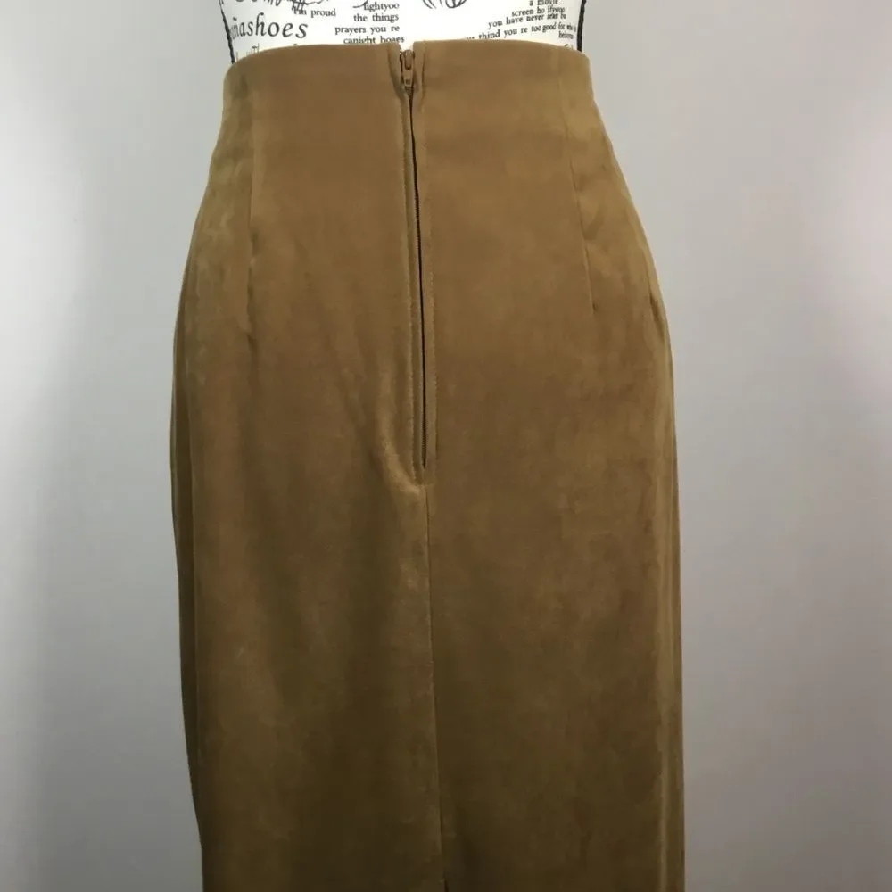 Tan faux suede western country pencil skirt slit in back waist 30” size 8